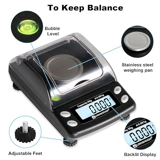 UNIWEIGH Digital Milligram Scale Accurate 0.001g/50g mg Scale for Powder | Precision scale for Jewelry,Gold,Gem,Reloading,Micro Gram Scale with 6 Units,Tare,Cal Weight,pocket scale with USB&battery