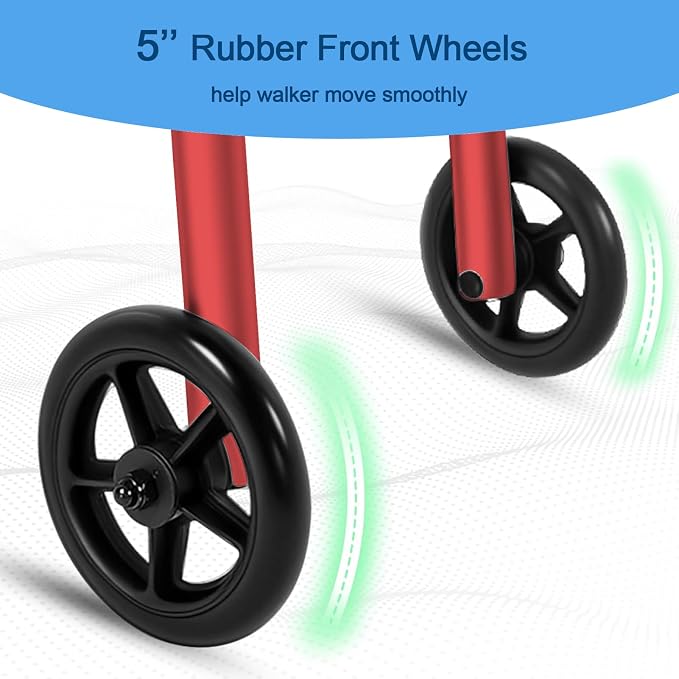Loyoda Folding Walker for Seniors, Aluminum Front Wheel Walker, Ski Glides | 5" Front Wheels, Height Adjustable, Trigger Release Folding, Lightweight Standard Walker for Limited Mobility, Red
