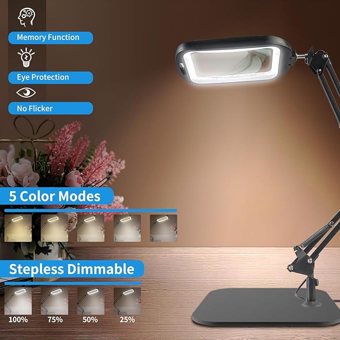10X Rectangle Magnifying Glass with Light and Stand, 5 Color Modes Stepless Dimmable, 2-in-1 LED Lighted Desk Lamp & Clamp, Hands Free Magnifier for Reading Crafts Repair Close Work