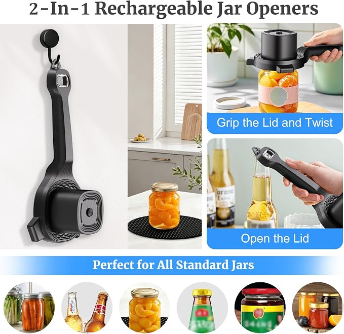Electric Jar Opener for Seniors with Power Clamp Technology, 2-in-1 Patent Automatic Jar & Bottle Opener, 800mAh Rechargeable, Comes with Bonus Anti Slip Gripper Pad for Beer, Dressing and Jars