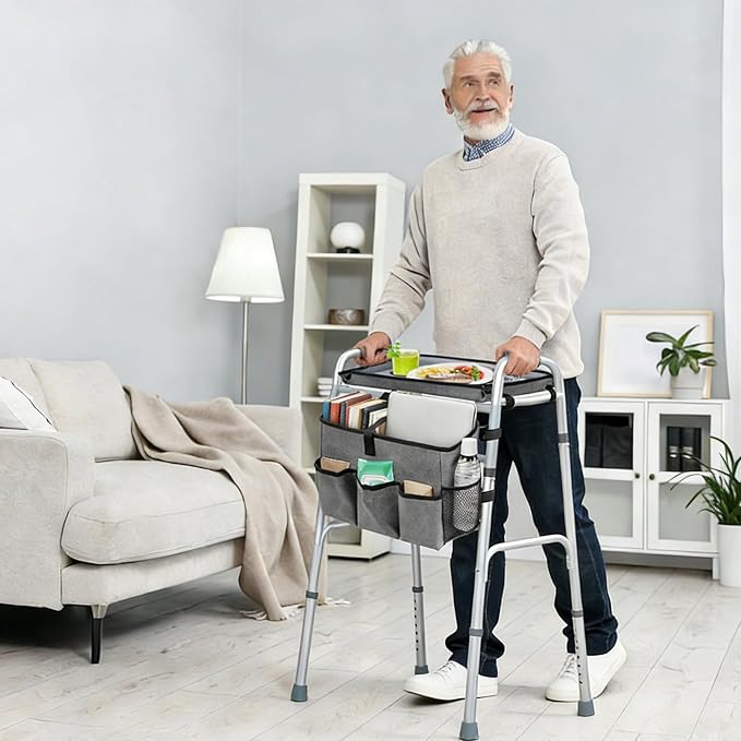 Walker Basket with Tray, Walker Tray for Folding Walker, Walker Accessories for Seniors, Non-Slip Surface, Universal Fit for Standard Walkers, Ideal for Meals, Drinks & Reading(Grey)