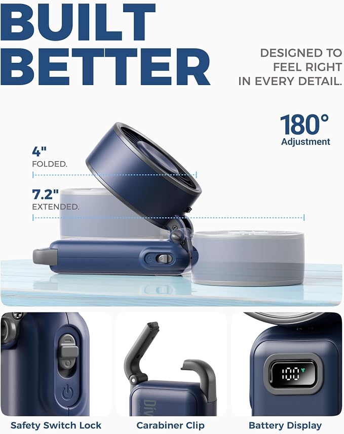 Diveblues Fanzy D6036 Portable Handheld Fan, Harbor Blue | 7.4m/s High Speed Turbo, 180° Foldable 4-in-1, Integrated Carabiner Clip, 100 Speed Stepless Control
