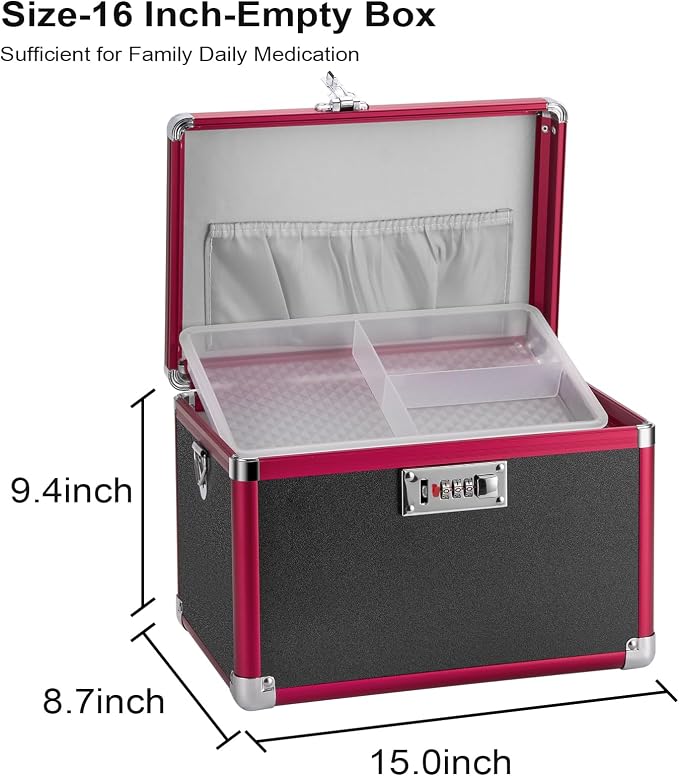 Medicine Lock Box with Combination Lock - 16" Hard Case First Aid Safe Medication Storage with Removable Tray & Pockets for Pills, Home, Car & Outdoor - Black Red