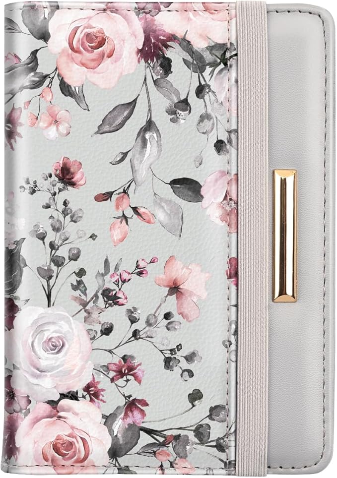 Coco Rossi Passport Holder for Travel Women Slim RFID Passport Cover Wallet | Travel Essentials, Passport Book Holders, Passport Wallet Cover Case, PU Leather, Cute, Thin, Spliced Design, Grey Flower