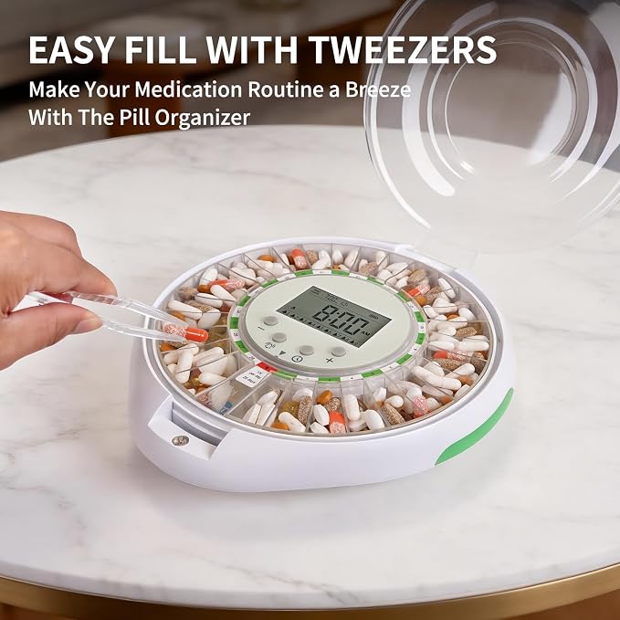 EziMedPil Automatic Pill Dispenser with Ergonomic Lid Design for Seniors | Easy Use Top Key Lock, 9 Daily Alarms & Sound-Light Reminder, Large LCD & Clear Lid Monitoring for Dementia & Senior Care