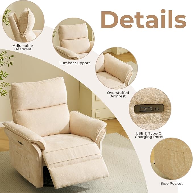 Oversized Power Recliner Chair Swivel Glider with Massage and Heat, Rocker Nursery Recliner for Adults with Adjustable Headrest, 24" Extra Wide Nursery Chair with Overstuffed Armrest,Beige