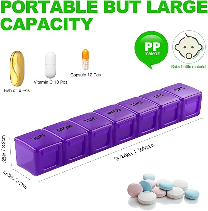 Pill Organizer 2P Purple XL Extra Large Weekly and Daily Pill Cases for Pills/Vitamin/Fish Oil/Supplements - 2P