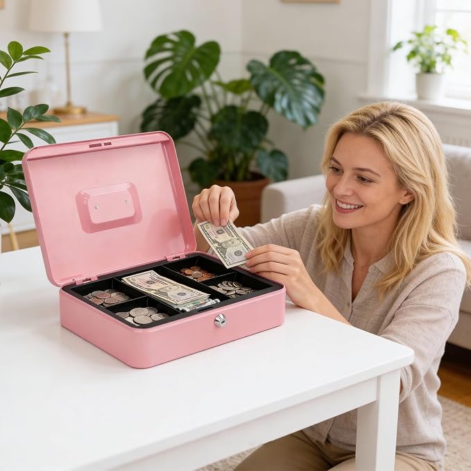 Jssmst Large Cash Box with Key Lock - Durable Metal Cash Box with Money Tray, 11.81 x 9.84 x 3.46 inches (X-Large, Pink)