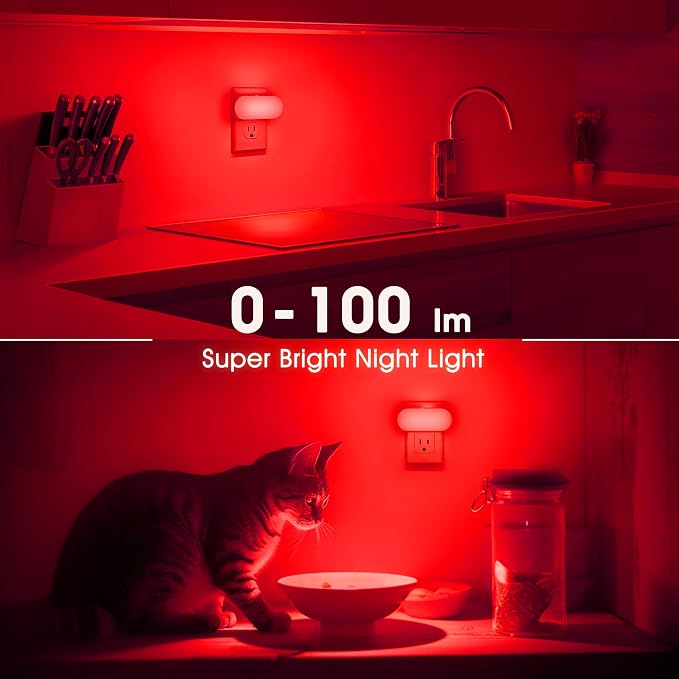 Red Night Light,Auto On/Off,0-100 LM Adjustable Brightness | Dimmable Night Light,Plug Into Wall Light Sensor Night Light,for Kids Room Bedroom Stair Lights,1W,2 Pack