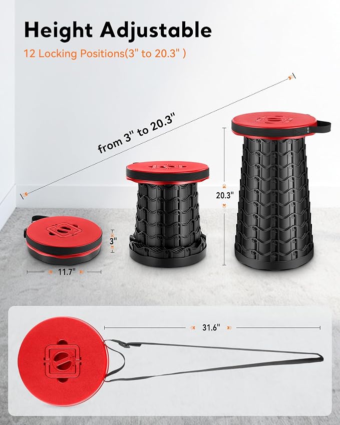 Height Adjustable Camping Stool - Wide Seat Portable Folding Chair (RED) | 20.3'' Height, 1000 LBs Load Capacity, Compact, for Adults, Collapsible Stool Seat for Fishing, Hunting, Patio & Outdoor