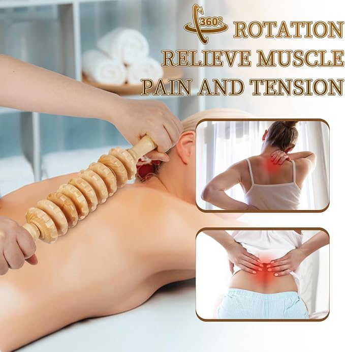 Liitrton Manual Wooden Massage Roller Stick for Legs, Smooth Body Roller | Straight-9-Wheel Massager, Wood Therapy Massage Tools for Trigger Points Relief, Sore Muscle Recovery