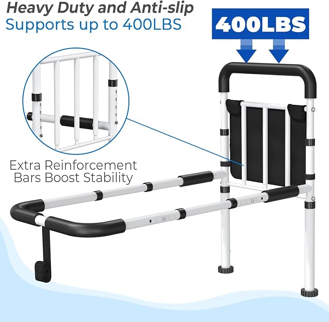 Bed Assist Rail for Elderly - ASTM Approved, 400 LBS Capacity, Tool-Free, Stable Bed Assist Rails for Seniors with Ergonomic Non-Slip Handle & Storage Pocket