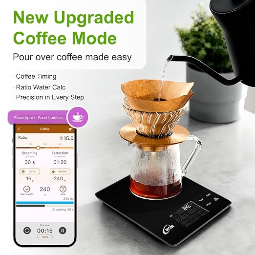 KOK Smart Food Scale with 30 Nutritional Calculator, Coffee Timer Function APP, Track Calorie, Macro, Carb for Weight Loss Keto and Diabetic, Espresso Scale Weight Grams and Ounces 5 Unit 1g/0.05oz