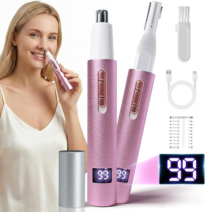 Nose & Ear Hair Trimmer for Women and Men, 2026 Painless USB Rechargeable Facial & Eyebrow Trimmer Clipper with LED Display for Easy Cleansing, Portable Grooming Kit,Gift Box Included (Pink)