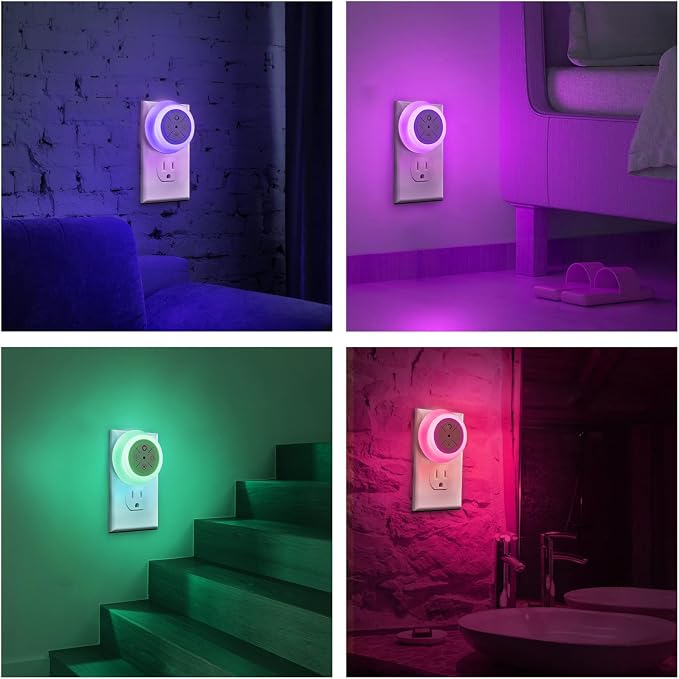 Dawnrise Night Lights Plug Into Wall, Dusk to Dawn Sensor, 2 Pack,12-Color Changing Led Plug in Night Light Dimmable for Bedroom, Stairs, Kitchen, Hallway, Utility Room, Kids Room | Dusk to Dawn Sensor Led Plug in Night Light Dimmable for Bedroom, Stai...