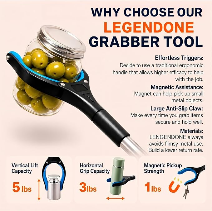 36" Grabber Reacher Tool, LEGENDONE Foldable Reacher Grabbers Pickup Tool for Senior, Post-Surgery Heavy Duty Upper Gripper, Wide Claw Trash Picker, Strong Grip| Powerful Magnet| 360° Rotating Head