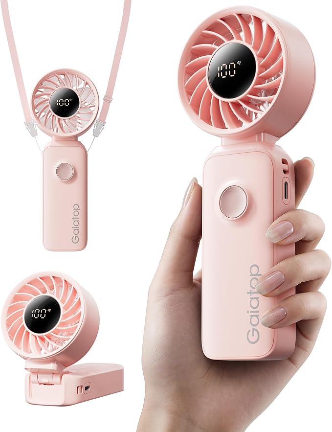 Gaiatop Portable Handheld Fan, 5 Speed Rechargeable Battery Max 18 Working Hours, 3 IN 1 Neck/Desk/Hand Fan Cooling for Travel, Beach, Women/Men Outdoor Activities Gifts - Pink