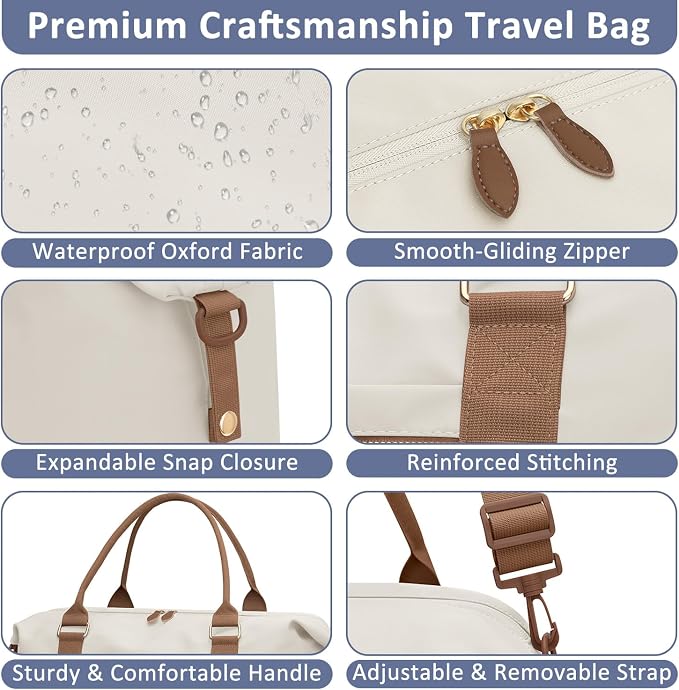 ELONGRIVER Travel Duffle Bag for Women, Weekender Bags, Hospital Bag for Labor Delivery, Lightweight Tote Duffel Overnight Bag with Luggage Sleeve, Airplane Travel Bags with Toiletry Bag, Large, Beige