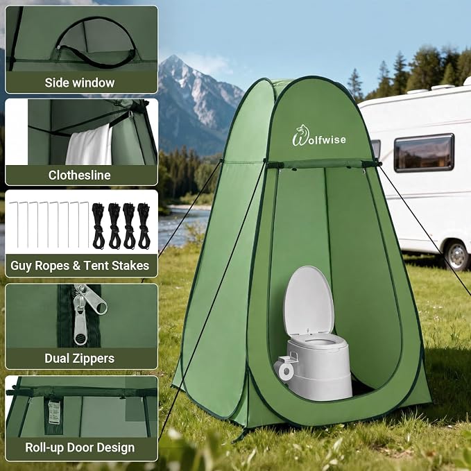 WolfWise Pop Up Shower Tent for Camping Essentials, Compact & Lightweight | Portable Instant Changing Tent with Window & Carry Bag, Privacy Dressing Room Bathroom for Outdoor, 6'3"/6'11" H