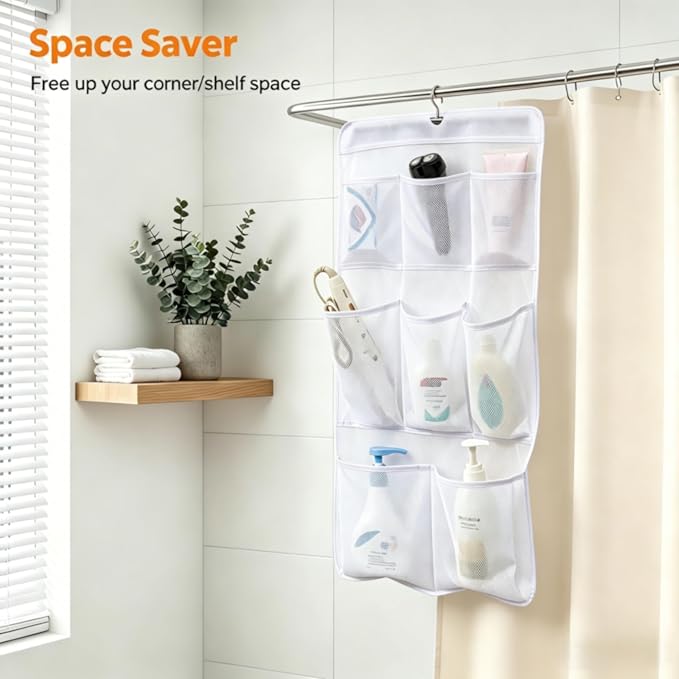MISSLO 8 Pockets Mesh Shower Organizer Hanging Caddy with Rotating Hanger Quick Dry Bathroom Storage (White)