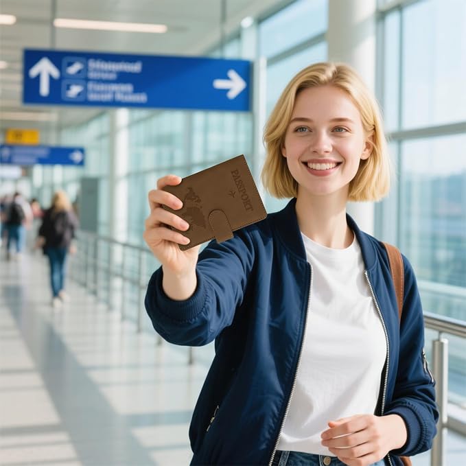 Passport Holder for Travel Essentials, Brown Leather Passport Cover, Passport Wallet Holders for Women Men Family Travel Gifts Must Have Accessories, Credit Card Cash Air Ticket Storage Supplies