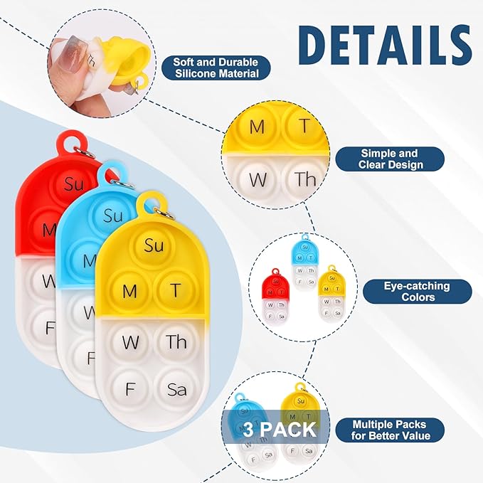 3 Pack Pill Reminder Medication Pill Tracker Bottle with Ties Reusable Daily Medication Tracker Portable with Button 7 Day Memory Aid Medication Dose Silicon for The Elderly Red Yellow Blue(3)