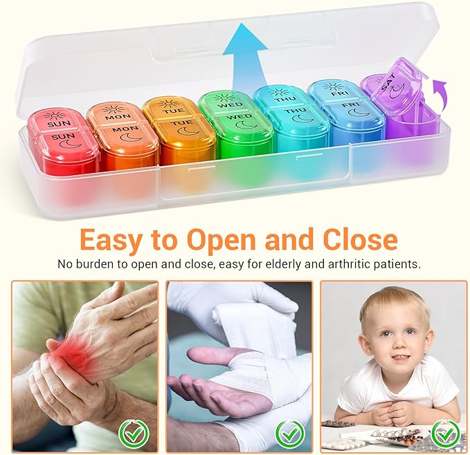 Weekly Pill Organizer 2 Times a Day - AM PM Pill Organizer with 7 Daily Color-Coded Small Cases, Morning and Night Travel Pill Cases for Vitamins, Medicine, & Supplements