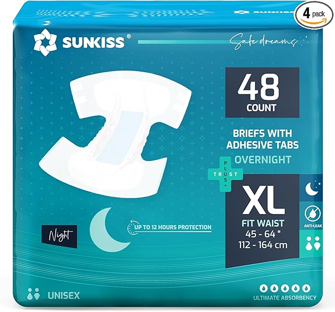 SUNKISS TrustPlus Overnight Adult Diapers with Tabs, Unisex Disposable Incontinence Briefs for Men and Women, Odor Control, XLarge, 48 Count (4 Packs of 12)