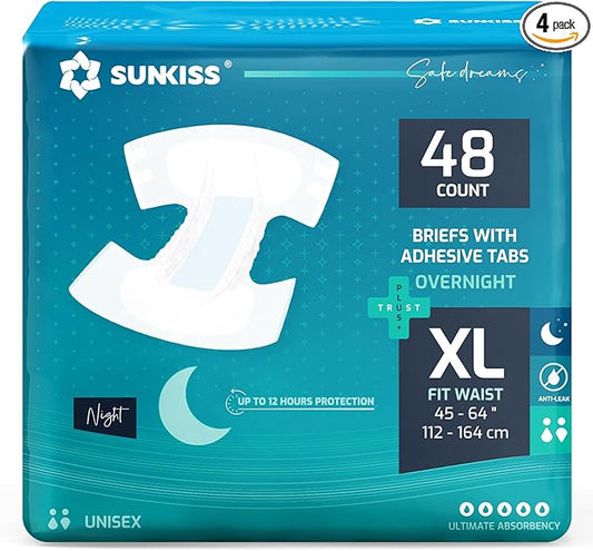 SUNKISS TrustPlus Overnight Adult Diapers with Tabs, Unisex Disposable Incontinence Briefs for Men and Women, Odor Control, XLarge, 48 Count (4 Packs of 12)