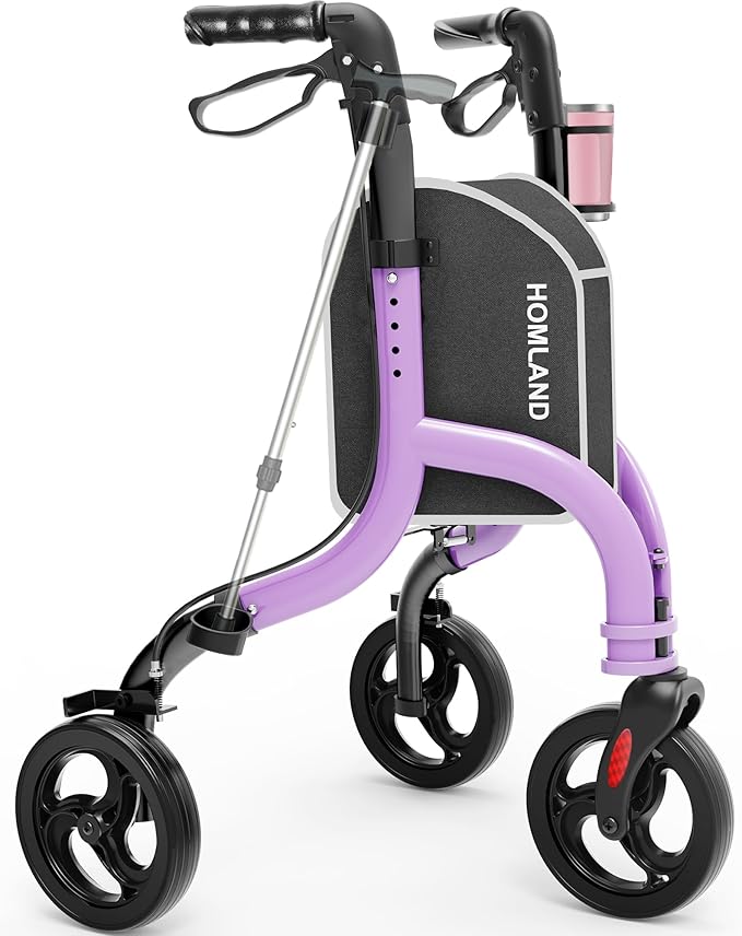 HOMLAND 3 Wheel Walkers for Seniors, FSA/HSA Eligible Foldable Wheeled Rollator with Cane Hold and Cup Hold, Lightweight Three Wheel Rolling Walker Height Adjustable for Seniors