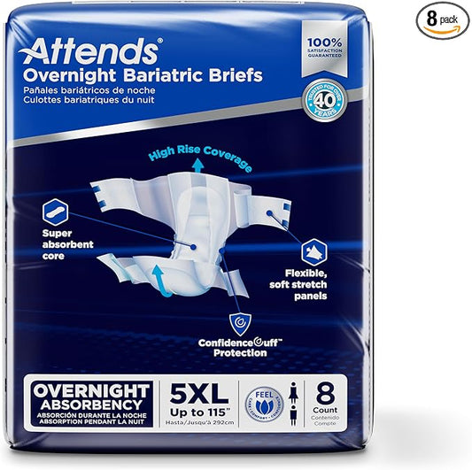 Attends Bariatric Incontinence Disposable Briefs, 5X-Large, Up to 115" Waist with Tab Closures, Ultimate Absorbency, Dry-Lock Containment Core and ConfidenceCuff Leakage Protection, 5XL 8ct Bag