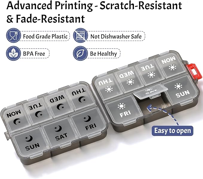 Foldable & Portable Weekly Pill Organizer 2 Times a Day with Clear Printed Labels - 7 Day AM PM Medicine Box, Week Daily Travel Pill Case Holder for Medications, Vitamin, Supplement - Clear Black