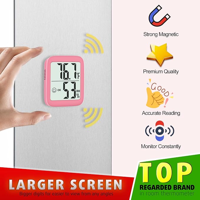 2 Pack Room Thermometer Indoor Hygrometer | Monitor Temperature & Humidity, Accurate, Fast Read, Easy To View, Magnetic/Kickstand/Hanging, ℉/℃, w/ Battery, Compact
