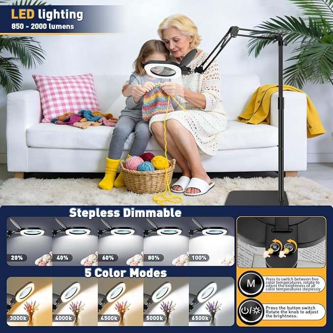 Magnifying Glass with Light and Stand,15x 3in1 Magnifying Lamp, 5 Color Stepless Dimmable,80 Led Desk&Floor Lamp with Lighted Magnifying Glass,Hands Free Magnifying Glasses for Close Work