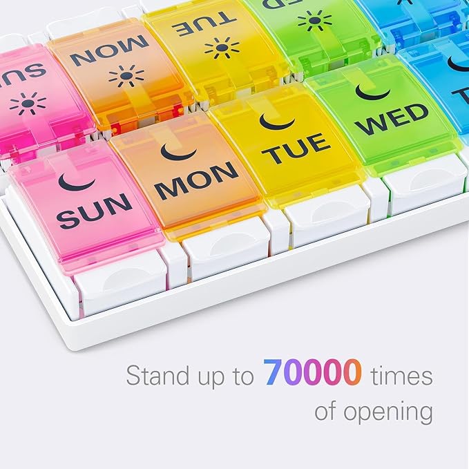 BUG HULL Weekly Pill Organizer 2 Times a Day Arthritis Friendly, AM PM Pill Organizer 7 Day with Easy Push Design, Daily Pill Organizer for Medicine, Pill Box 7 Day for Vitamin, Supplements