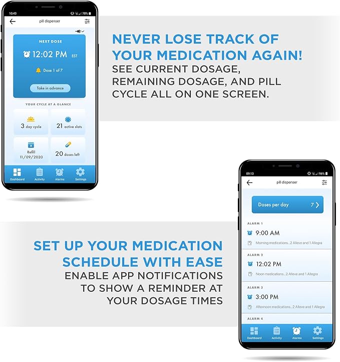 LiveFine Smart Pill Dispenser, WiFi App, Removable Cups, 21-Day, Frosted | Dual AC/battery power, 14-day activity history, push notifications - for caregivers monitoring seniors remotely.