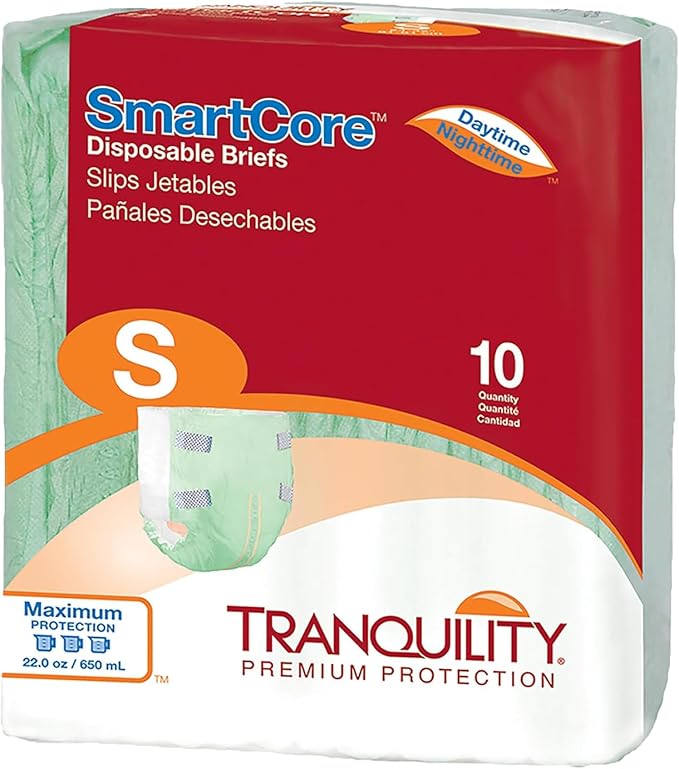 Tranquility SmartCore Adult Disposable Briefs, Incontinence Control with Breathable Kufguard Technology, Fastening Tabs & Wetness Indicator, Latex-Free, Adult Small, 22oz Capacity, 10ct Bag
