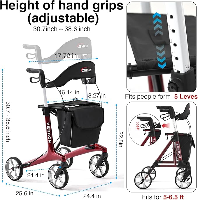 Rollator Walker for Seniors/Adults Foldable Rolling Walker with Seat 440 lbs Capacity 4 Big 7.9 inch Wheels Hand Grips Adjustable Height Lightweight Carbon Fiber Walker Removable Back Support