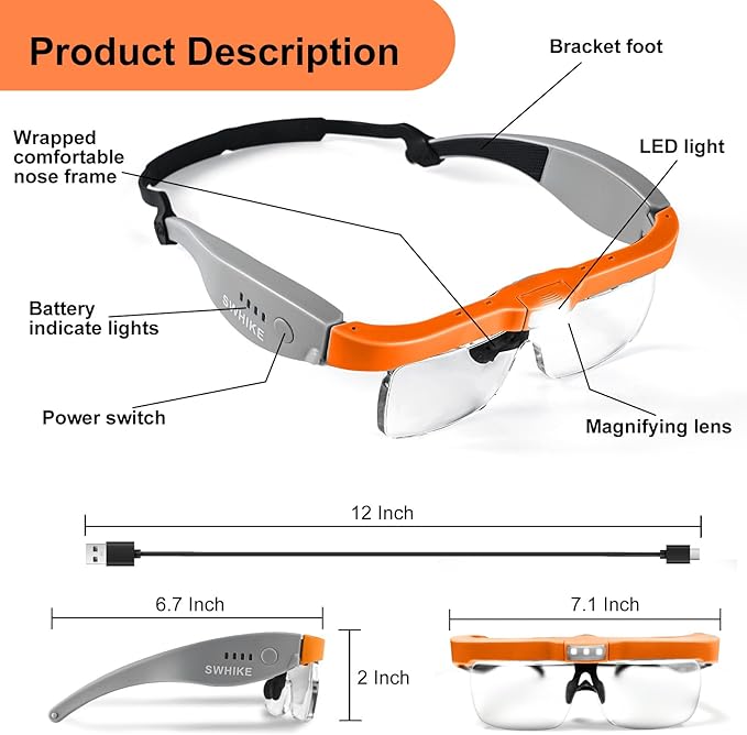 Magnifying Glass with Light Hands Free, Rechargeable Magnifying Glasses Headset with 5 Detachable Lenses and Storage Case for Close Work, Reading, Jewelry Making Crafts (Orange & Gray)