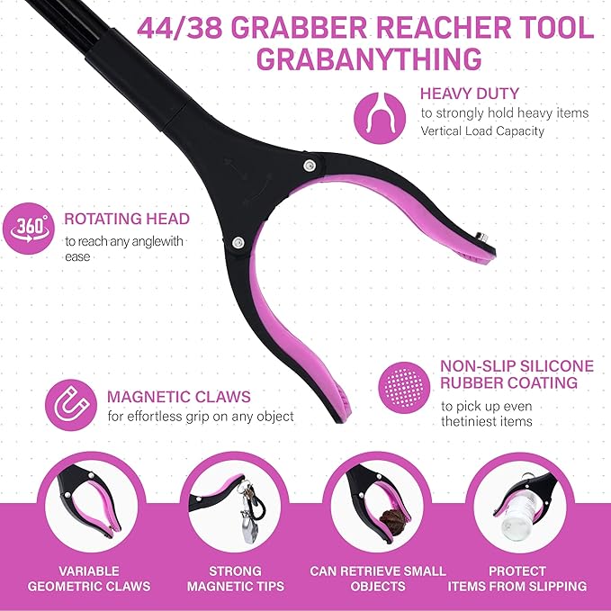 38" & 44" Extra Long Grabber Reacher Tool – 2 Pack Foldable Reacher Grabber Pickup Tools with 360° Rotating Jaw for Seniors, Hard-to-Reach Areas, Ergonomic Grip & Lightweight Design（Pink）
