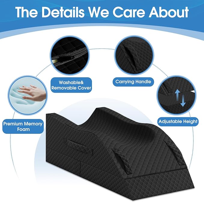 TranquilRelax Elevation Pillows for Leg After Surgery, Memory Foam Adjustable Wedge Pillow for Injury or Rest, Ankle Pillow for Sleeping Blood Circulation, Full-Black/Single Leg