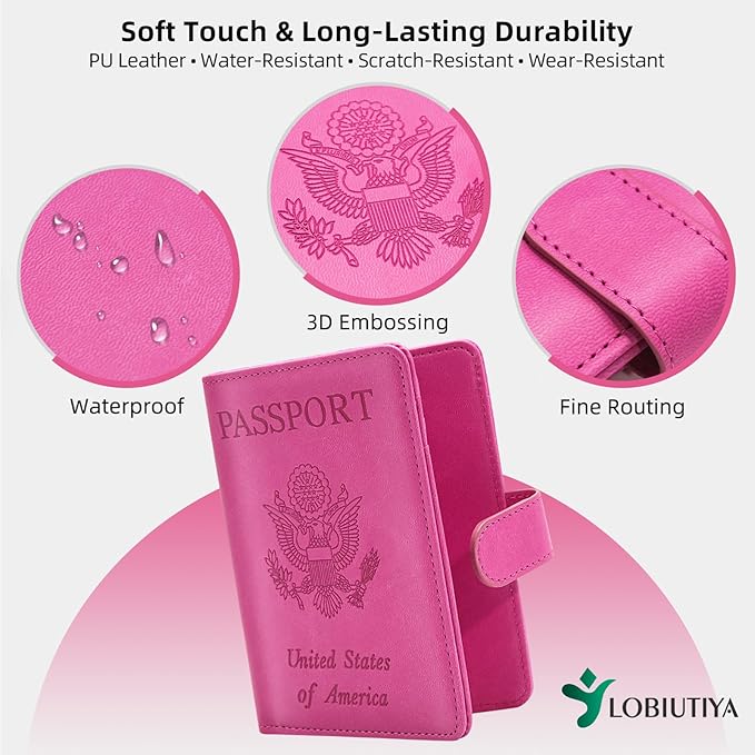 2 Pack Passport Holder For Travel with Slot for AirTag & Luggage Tag Cover – RFID Blocking Passport Holder for Travel Women/Men | PU Leather Passport Case with Pocket, Black/Pink