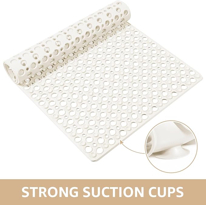 Yolife Large Shower Mat, 35 x 24 inch Non Slip Shower Mats for Inside Shower with Drain Holes and Suction Cups for Bathroom, No Odor TPE Shower Floor Mat, White