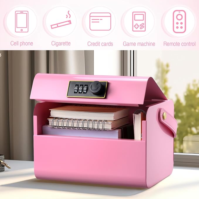 Honeydak Lock Box for Medication Metal Small Medicine Safe Pill Storage Box Portable Medicine Organizer with Combination Code and Handle for Refrigerator Fridge First Aid(Pink)
