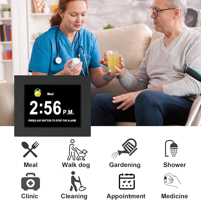 TSITSC Large Digital Calendar Day Clock for Seniors, 8" Dementia Clock with 12 Alarms + Auto-Dimming, Day and Time Clock for Elderly Impaired Vision Memory Loss with Remote Control(Black)