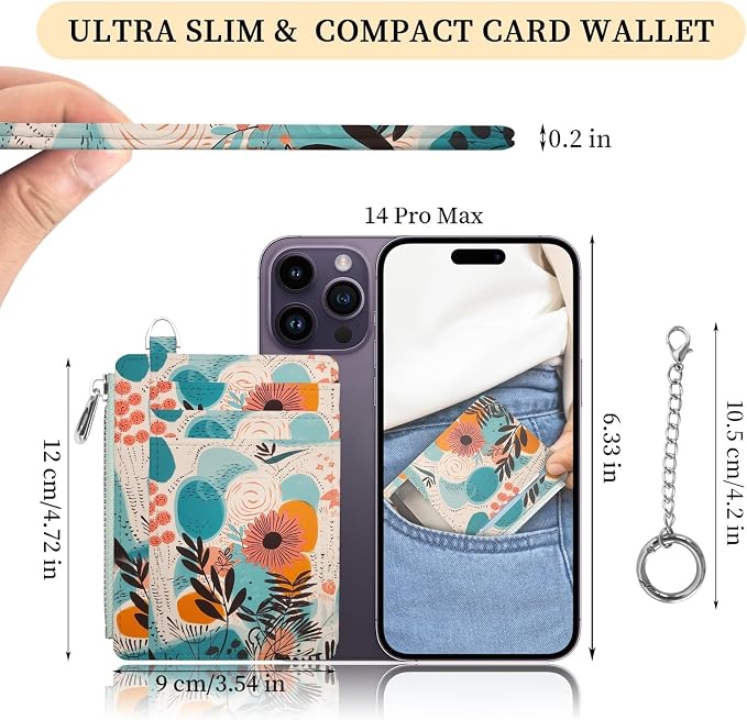 Hancynir Boho Floral Small Wallet Women Credit Card Holder, Slim RFID | Zipper Keychain Wallet, Travel Coin Front Pocket, Ladies Women Gifts, Thin Minimalist Card Case, 6 Card Slots, PU Leather