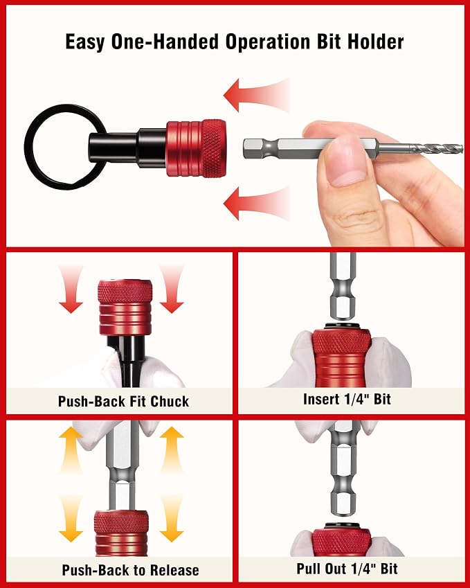 Katerk Bit Holder Keychain 12 Pcs, 1/4-Inch Hex Shank, Quick Release, Red | Aluminum Alloy, Impact Drivers, Drill Bits, Tool Belt Use, Carabiner Clip, One-Handed Operation, Ball Lock, Compact Organizer