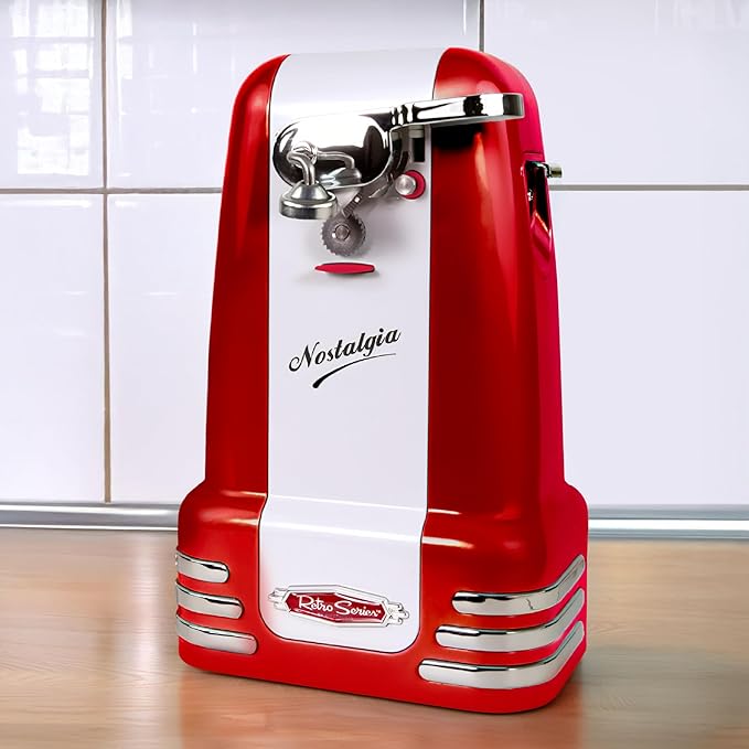 Nostalgia Retro Electric Can Opener for Kitchen with Magnetic Lid Remover, Knife Sharpener, and Soda or Beer Bottle Opener, Red
