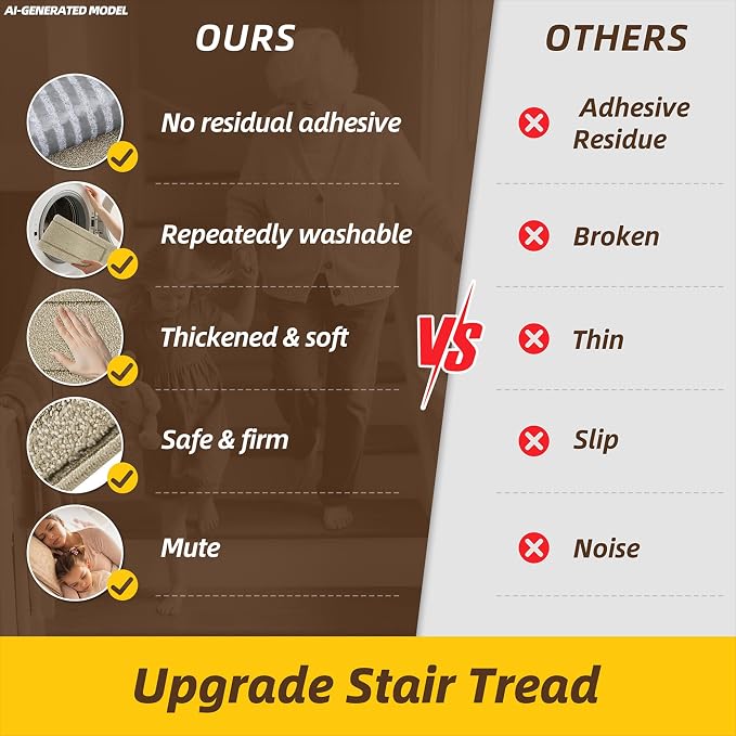JSEI Stair Treads for Wooden Steps Indoor, 4-Pack, 30" x 8", Light Beige | Non Slip Stair Treads, Washable Polyester Stair Mats with TPE Backing, Low Profile Stair Rugs for Kids, Seniors and Dogs