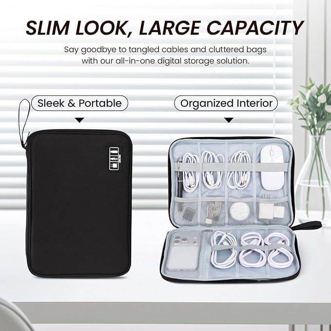 Electronic Organizer Travel Case, Slim Cable Accessories Pouch, Single Layer Tech Pouch & Cord Storage Bag for Chargers, Power Bank, SD Cards - Minimalist Travel Essentials